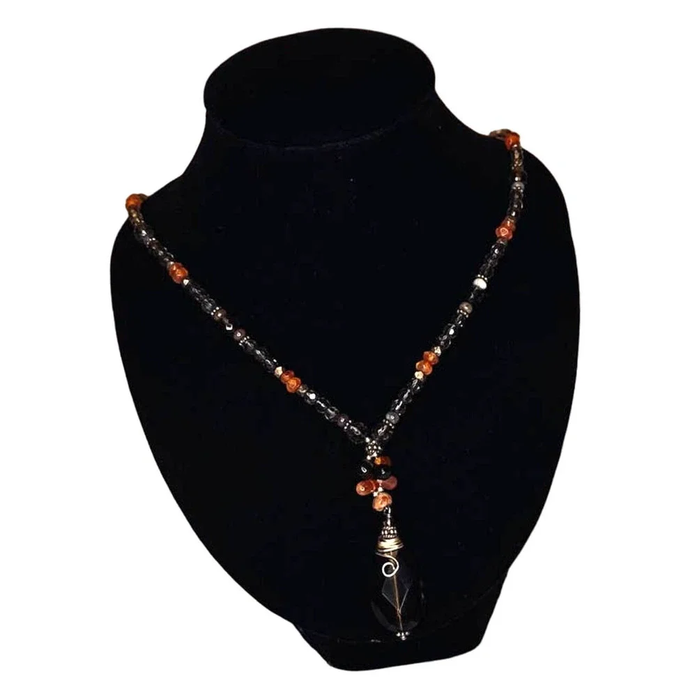 Artisan Crafted Smokey Topaz & Carnelian Y Necklace w/silver lobster claw clasp - Picture 6 of 8